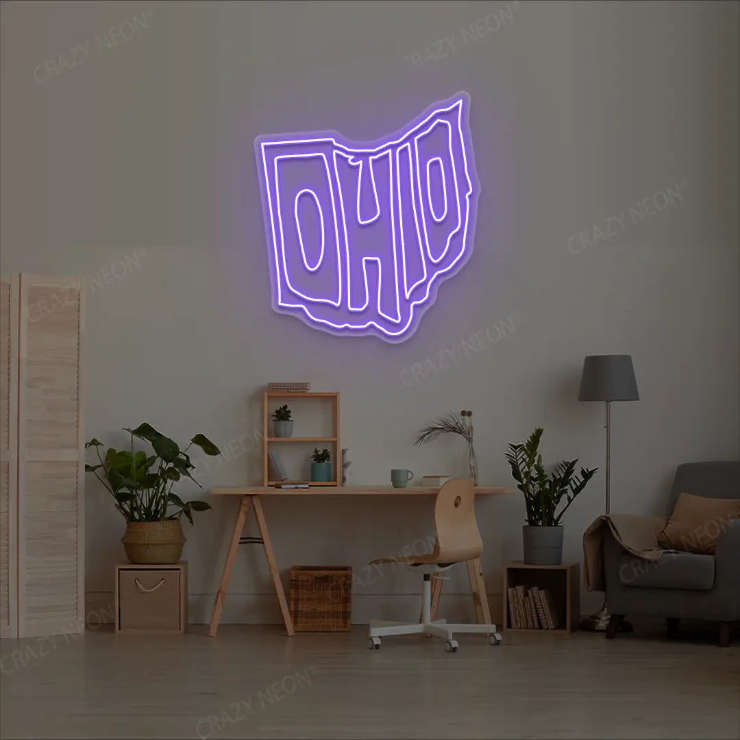 OHIO Map Neon Sign lighting up in purple color in a room