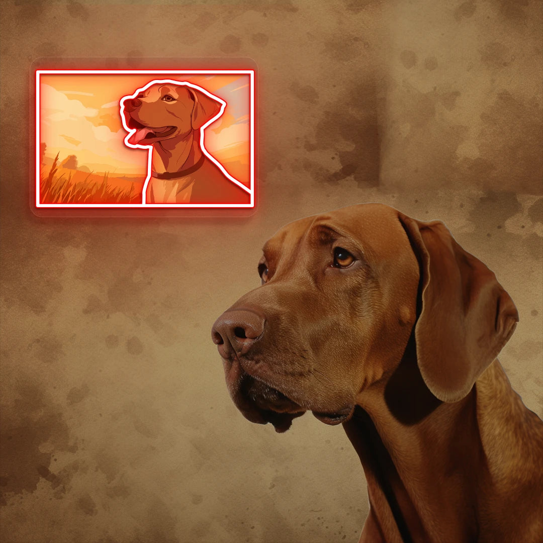Sunset Field Vizsla Dog Neon Artwork in Red Color