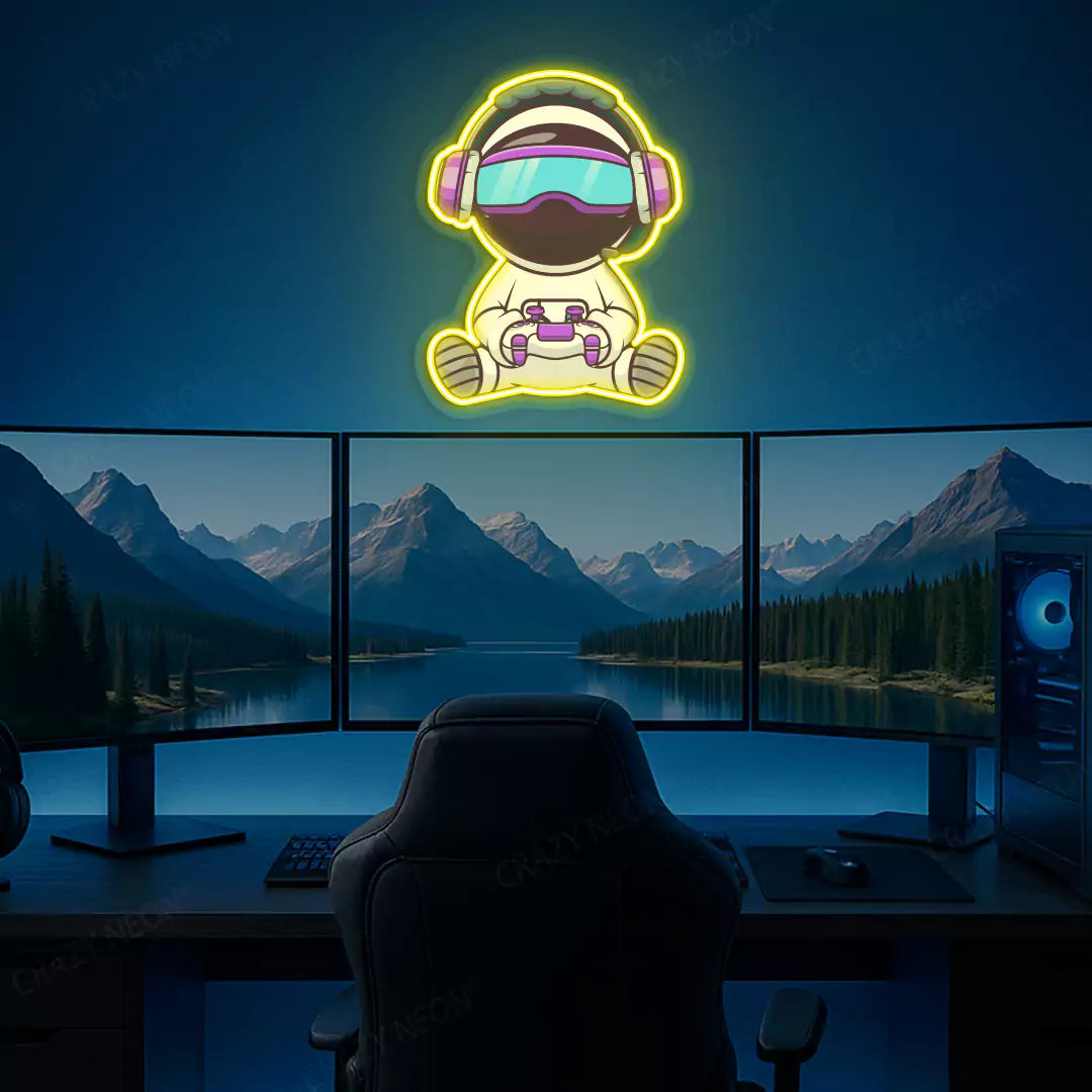 Kid Astronaut VR Gamer Neon Artwork in Yellow Color mounted on Wall 
