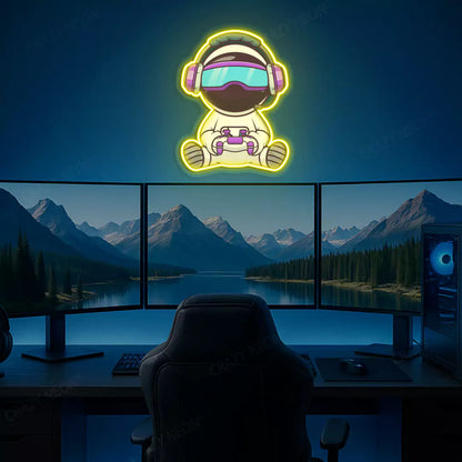 Kid Astronaut VR Gamer Neon Artwork in Yellow Color mounted on Wall 