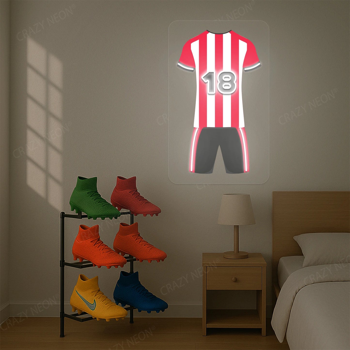 Red and white striped football jersey neon artwork with number 18 glowing on a beige wall