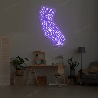 CALIFORNIA Map Neon Sign lighting up in purple color in a room