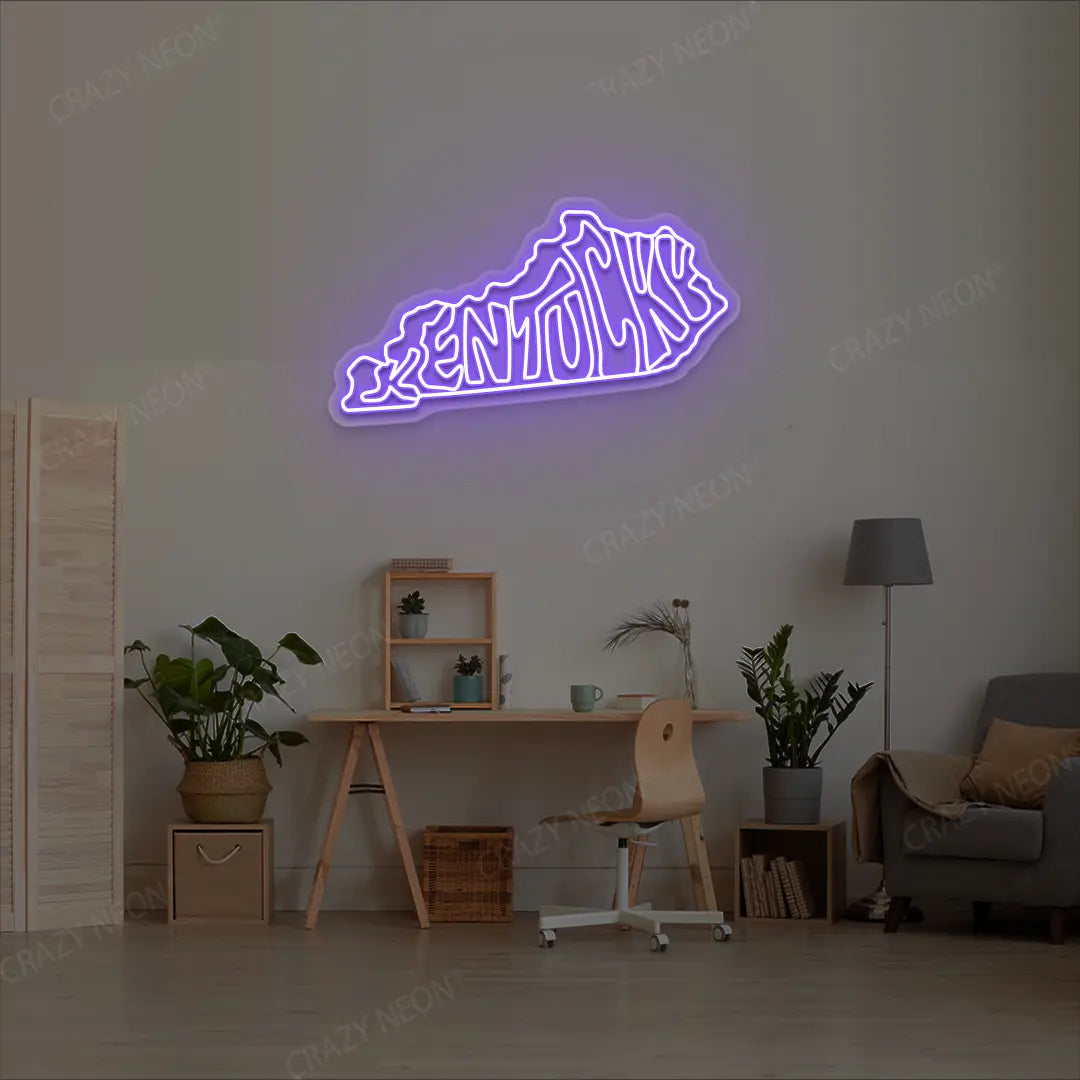 KENTUCKY Map Neon Sign lighting up in purple color in a room