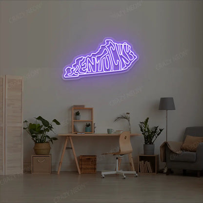 KENTUCKY Map Neon Sign lighting up in purple color in a room