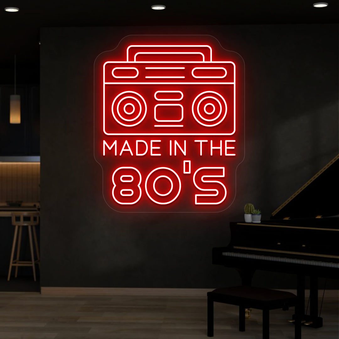 red made in the 80s stereo vintage neon sign mounted on a wall