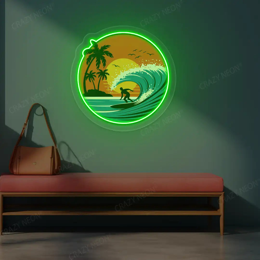 green sunset surfer riding wave neon artwork mounted on a wall