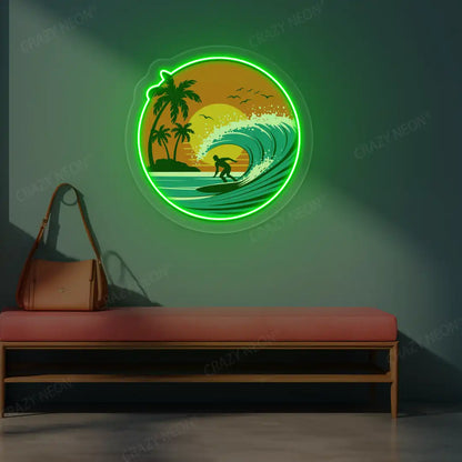 green sunset surfer riding wave neon artwork mounted on a wall