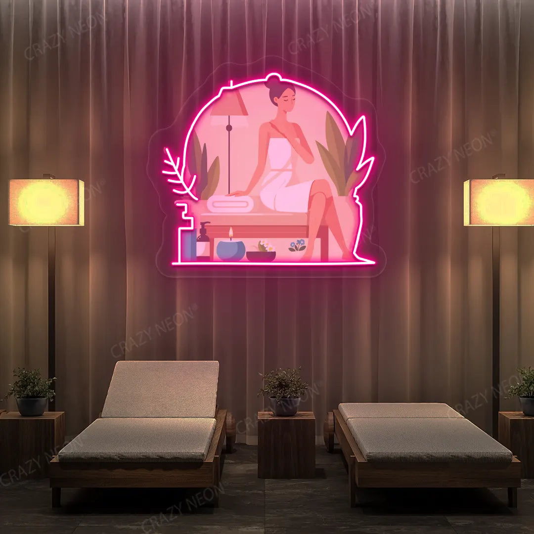 Spa Lounge Neon Artwork lighting up in pink color in a spa room