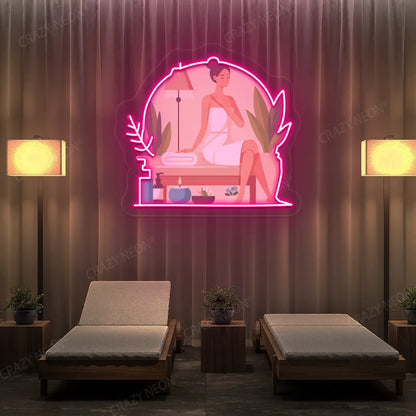 Spa Lounge Neon Artwork lighting up in pink color in a spa room