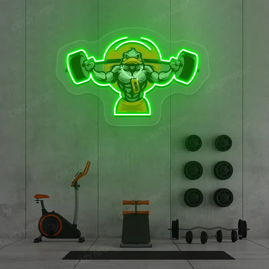 green muscular duck powerlifting gym neon artwork mounted on a wall