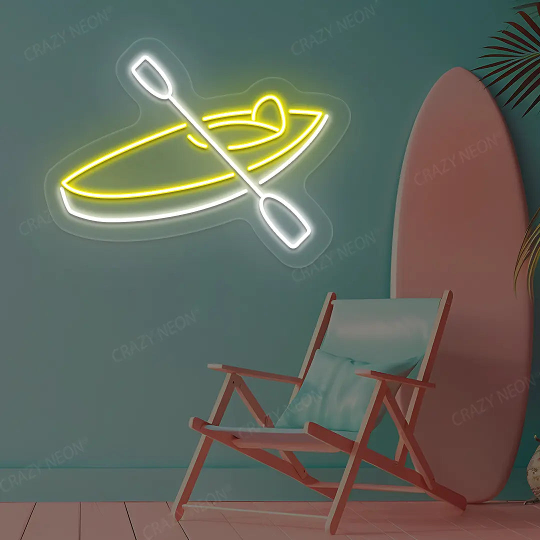yellow and white boat paddle neon sign mounted on a wall