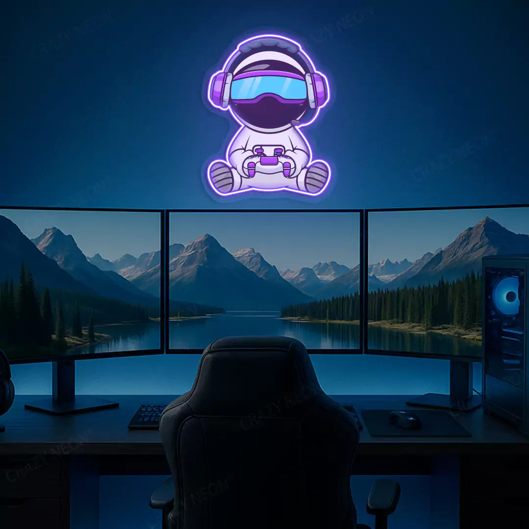 Kid Astronaut VR Gamer Neon Artwork in Purple Color mounted on Wall 