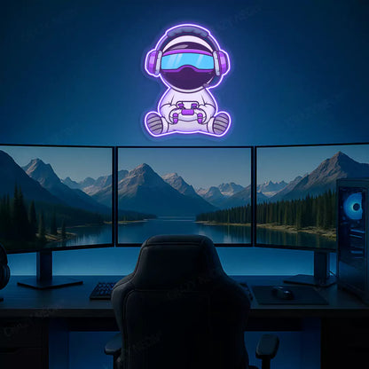 Kid Astronaut VR Gamer Neon Artwork in Purple Color mounted on Wall 