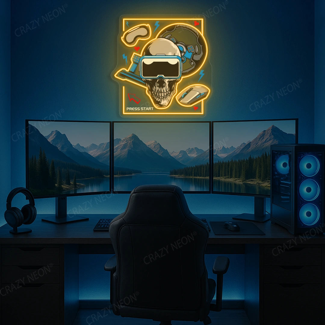 VR Skull Racer Gaming Neon Artwork in Orange color