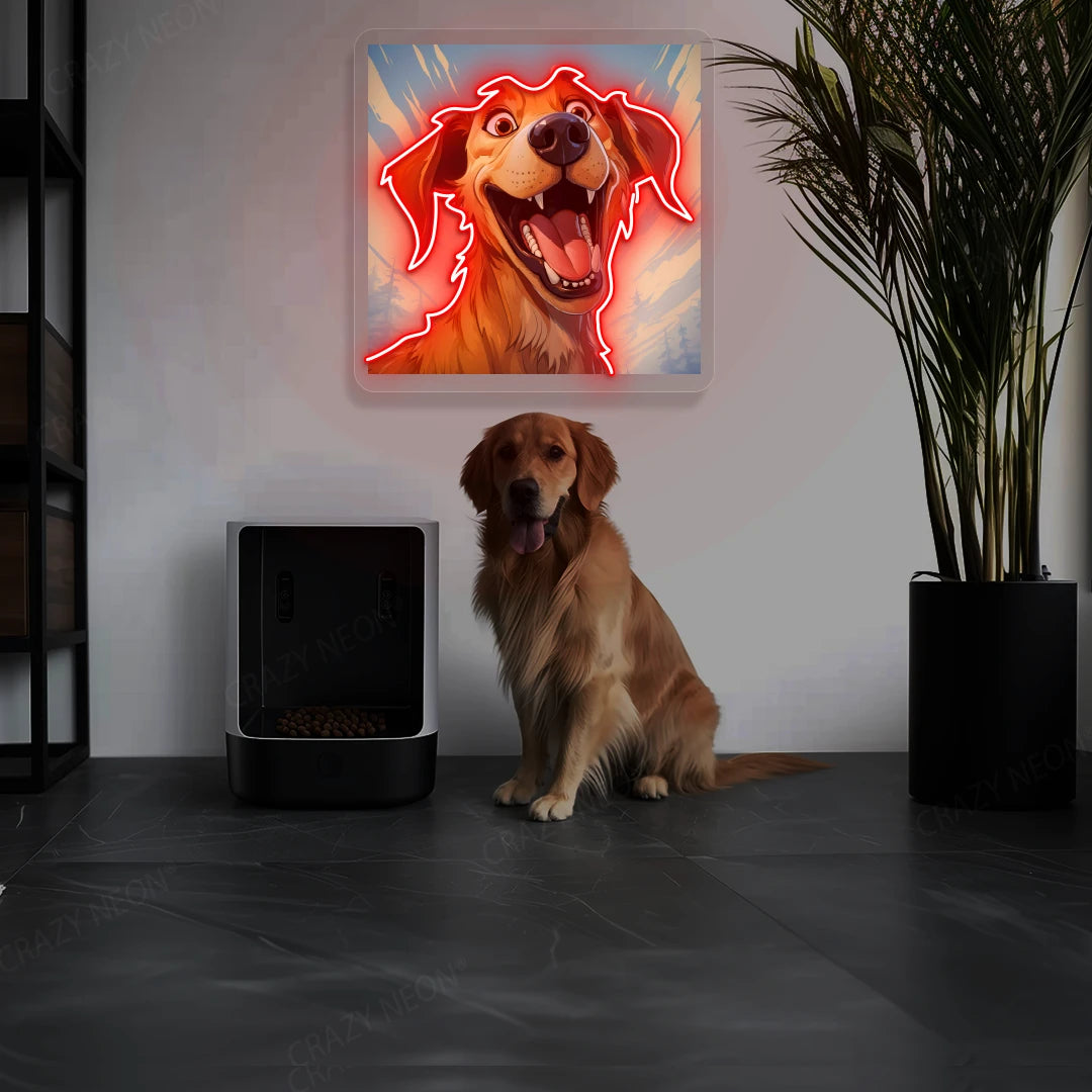 Goofy Smile Golden Retriever Neon Artwork in Red color