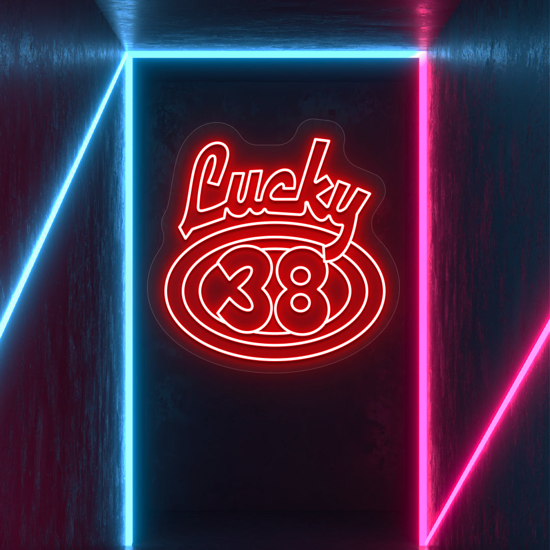 red the lucky 38 vintage neon sign mounted on a wall