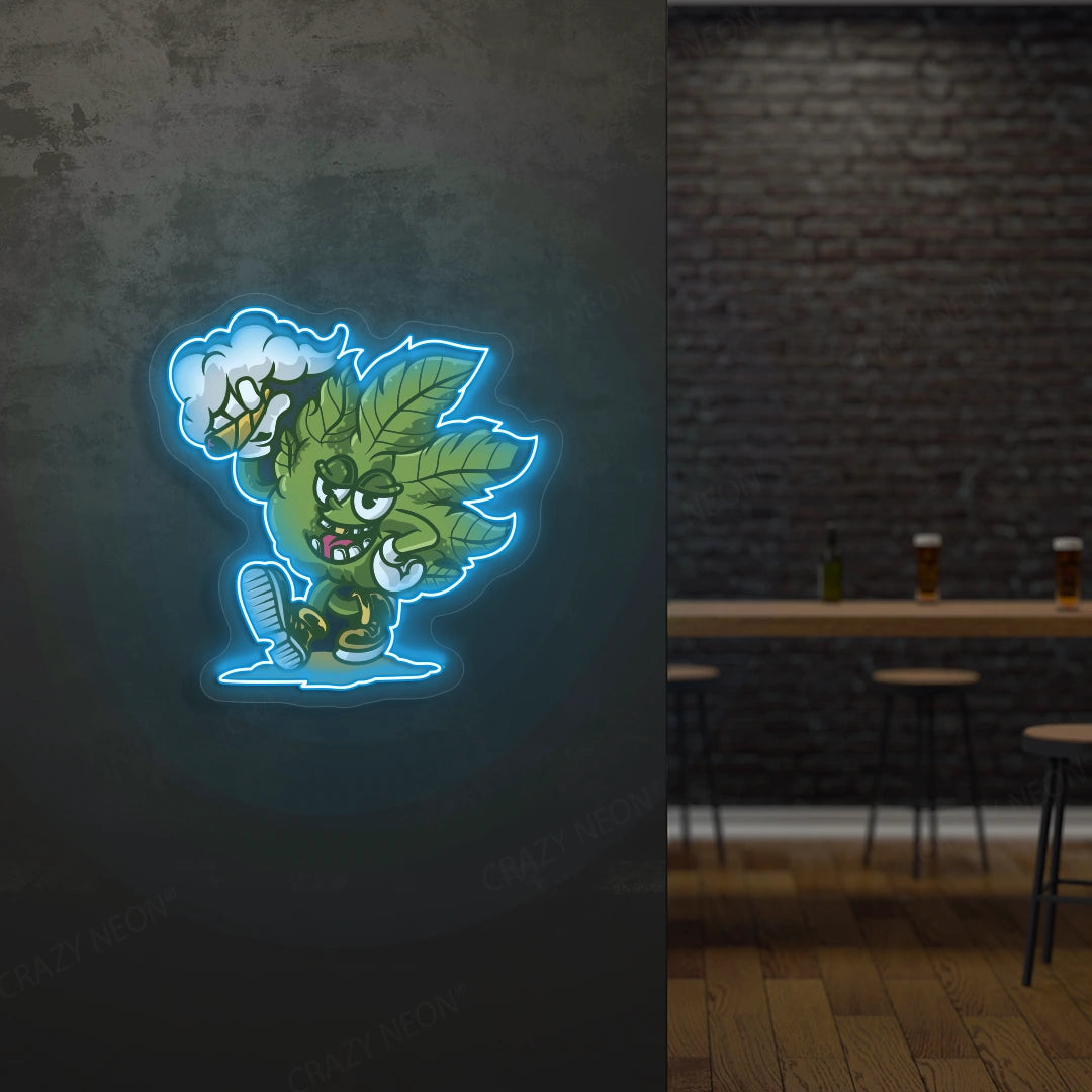 Cool Weed Leaf Character Neon Artwork in iceblue