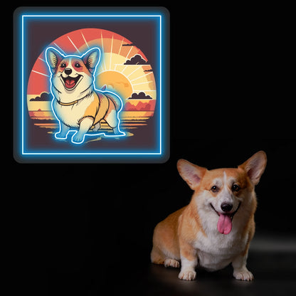 Smiling Corgi Sunset Portrait Neon Artwork in Iceblue color
