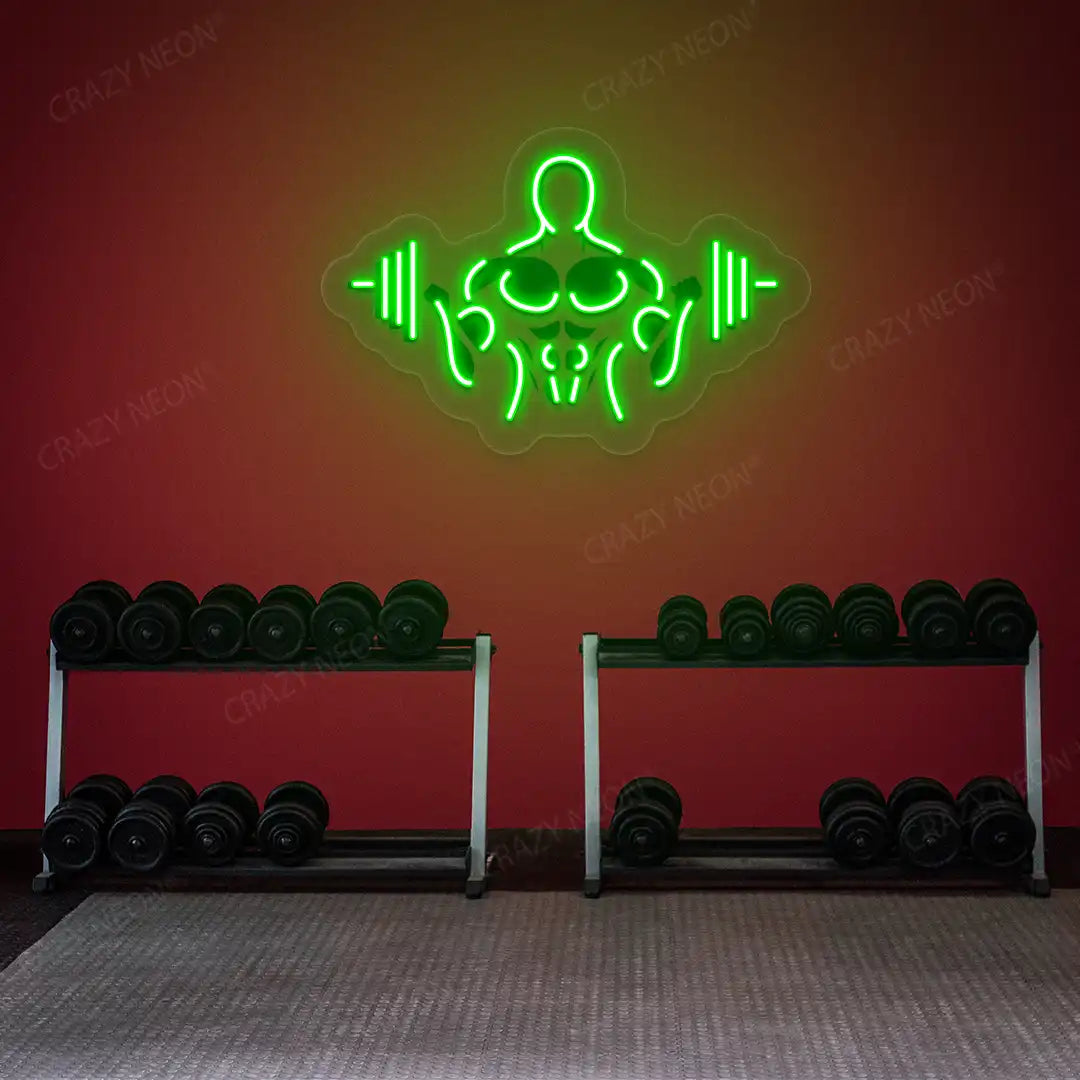green gymer outline neon artwork mounted on a wall