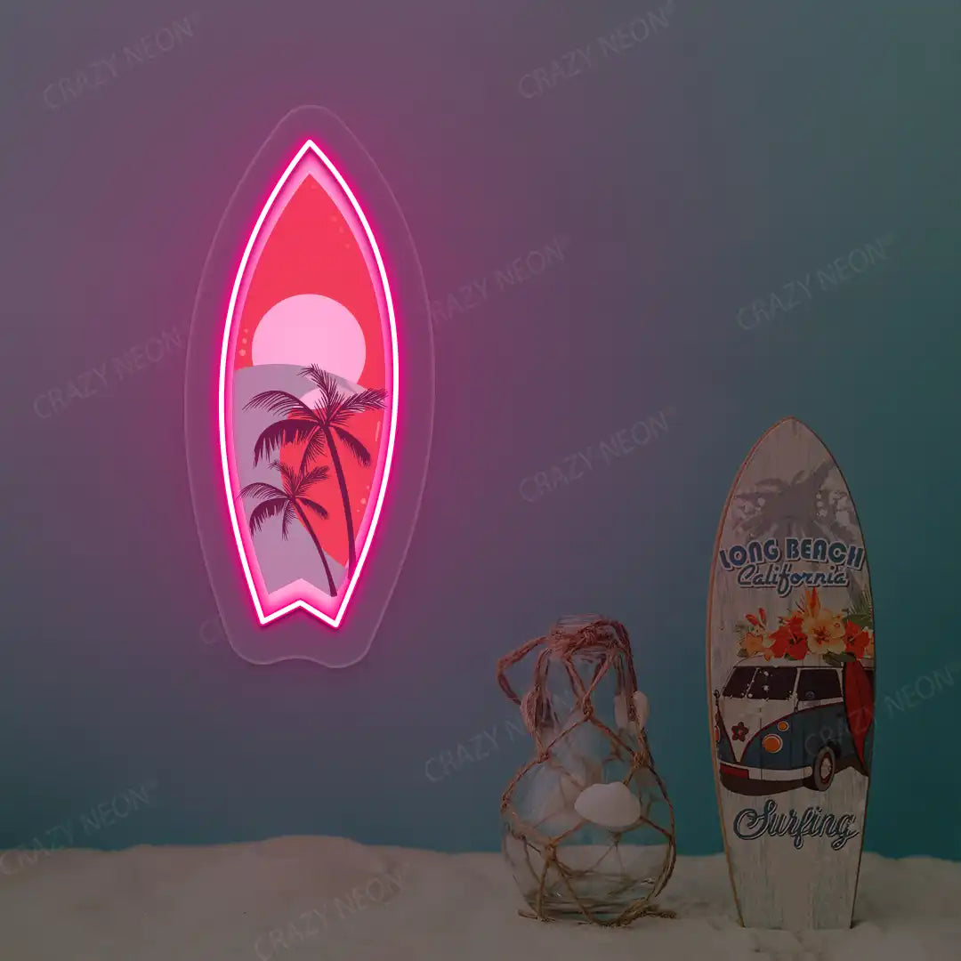 pink tropical surfboard neon artwork mounted on a wall
