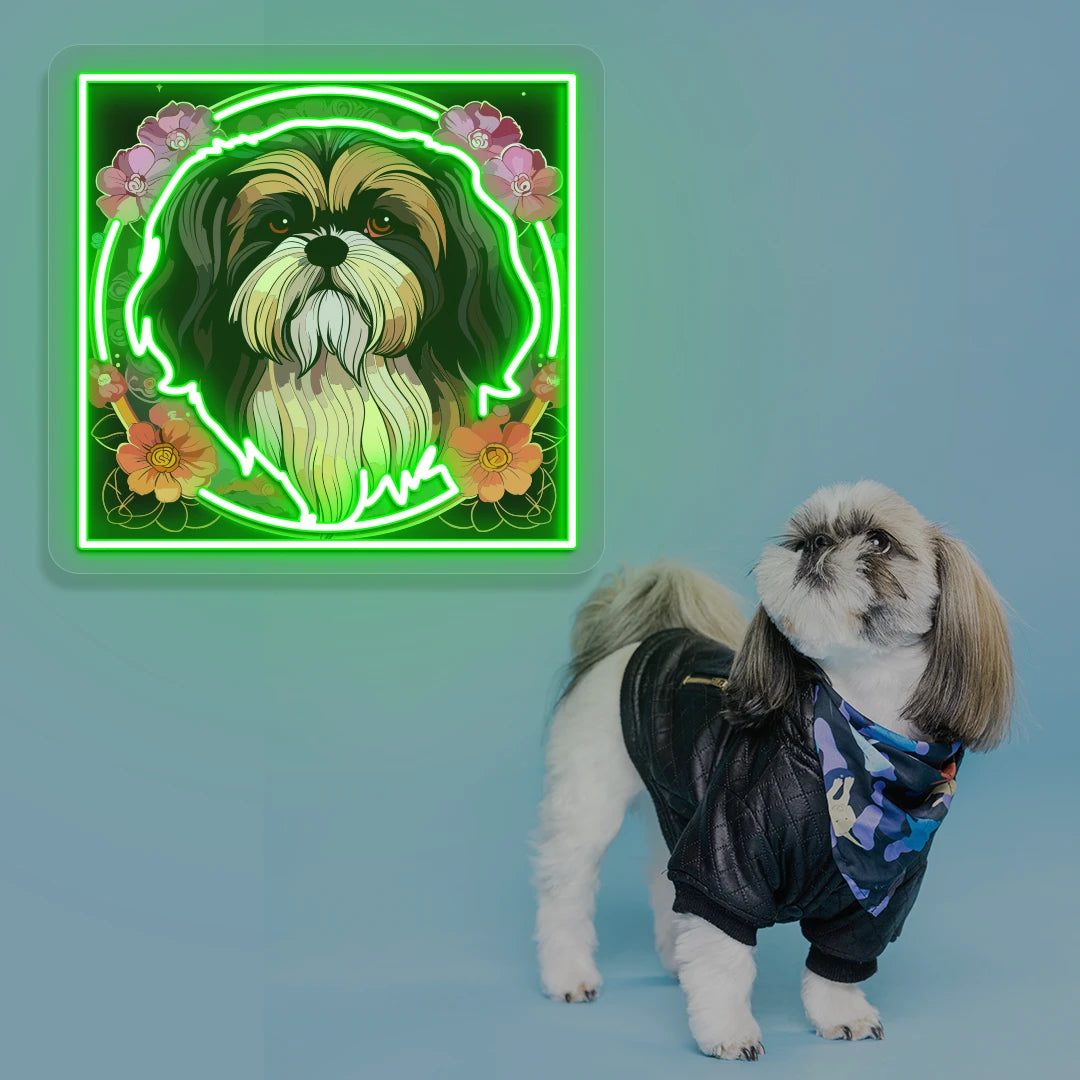 Floral Halo Shih Tzu Portrait Neon Artwork in Green color