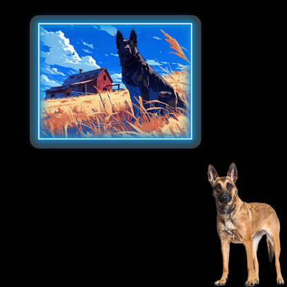 Golden Field German Shepherd Farm Neon Artwork In Iceblue Color