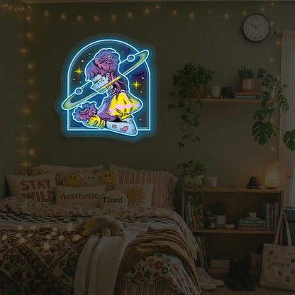Galactic Girl Neon Artwork in iceblue color