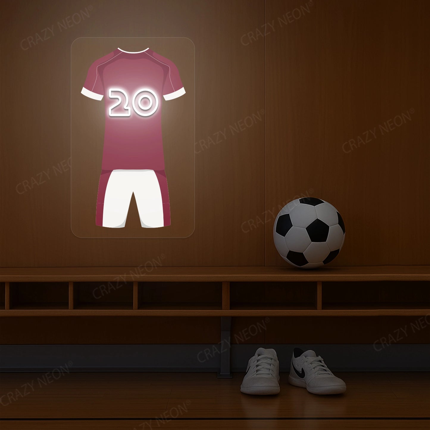 Claret football jersey neon artwork with number 20 glowing on a wooden wall