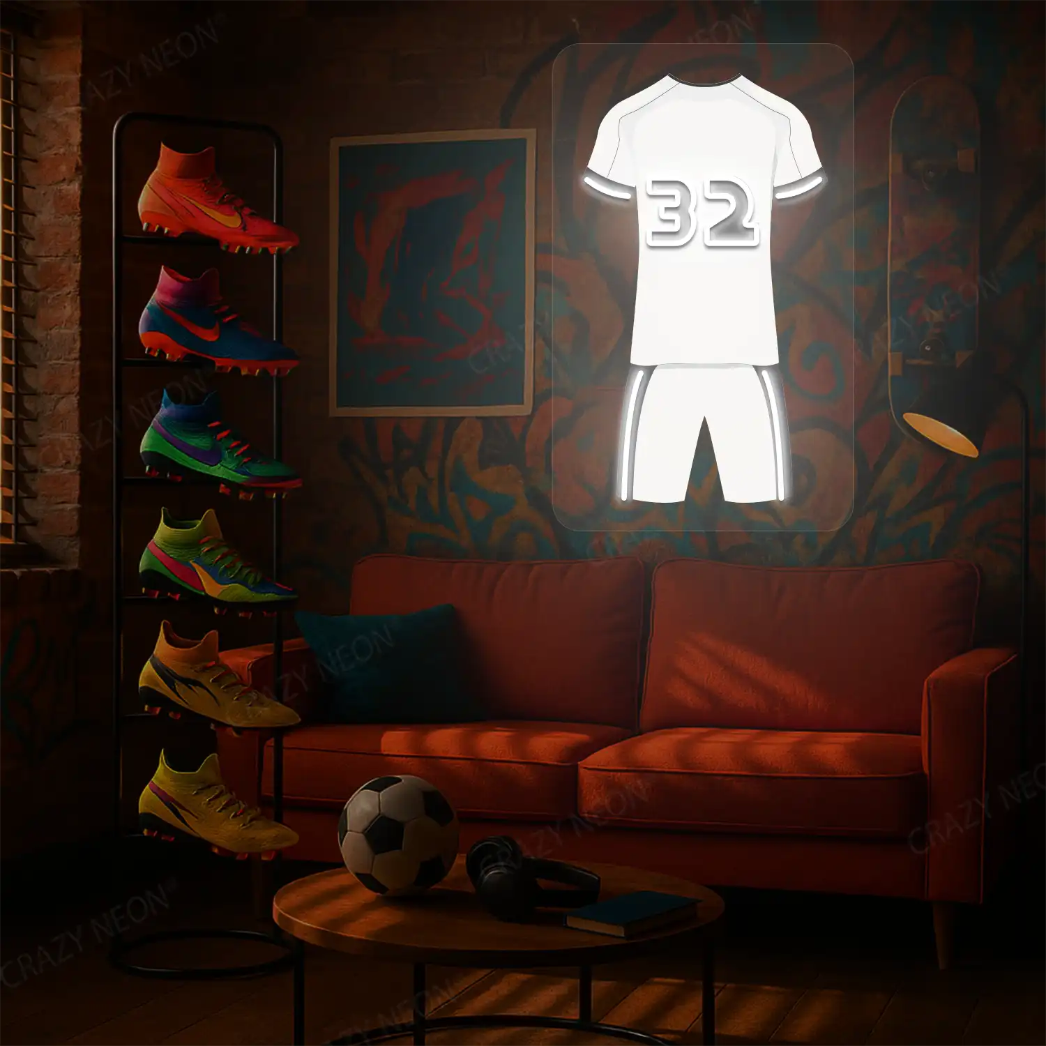 White football jersey neon artwork with number 32 glowing on a graffiti-decorated wall