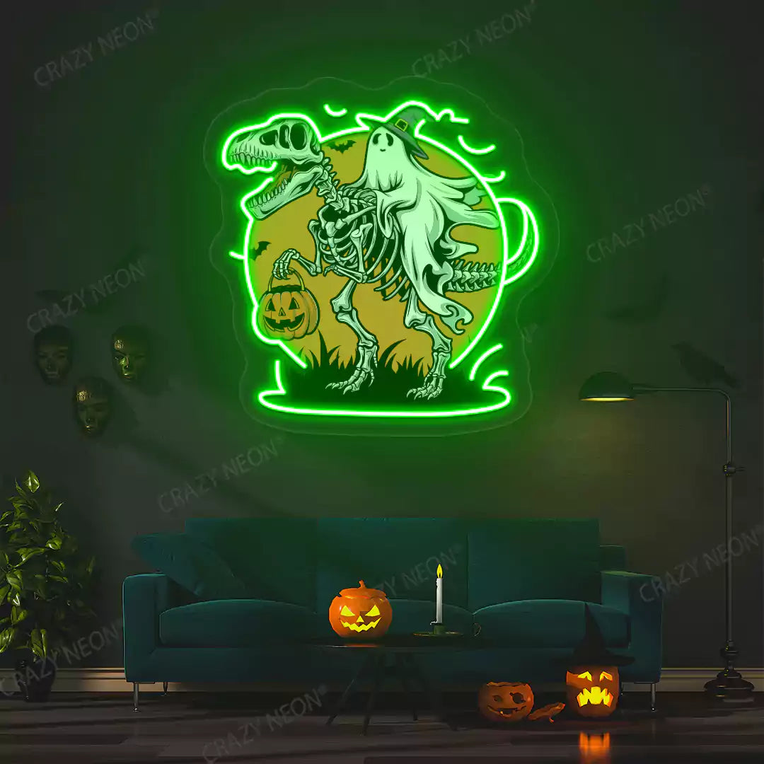 Spooky Dino Rider Neon Artwork | Green