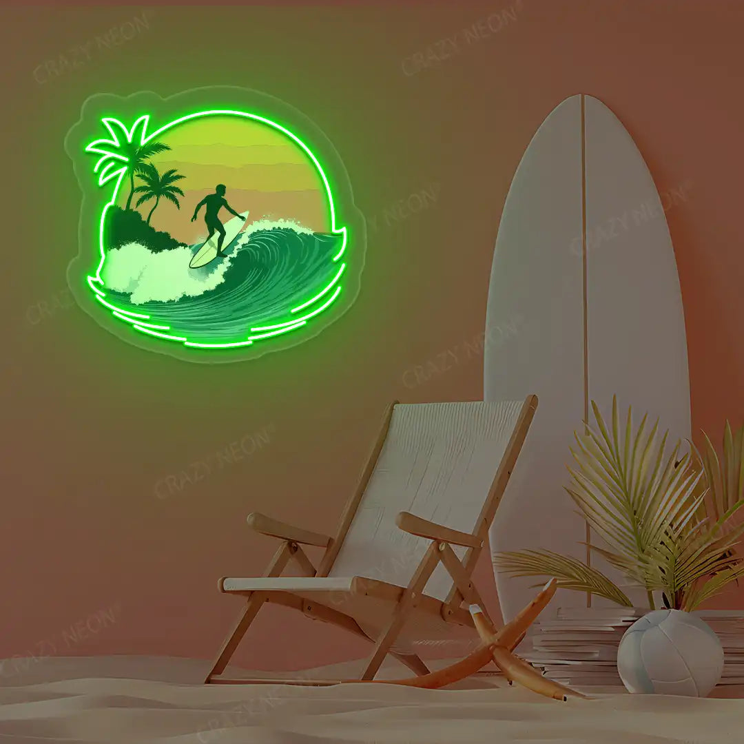 green surfer wave palm tree neon artwork mounted on a wall