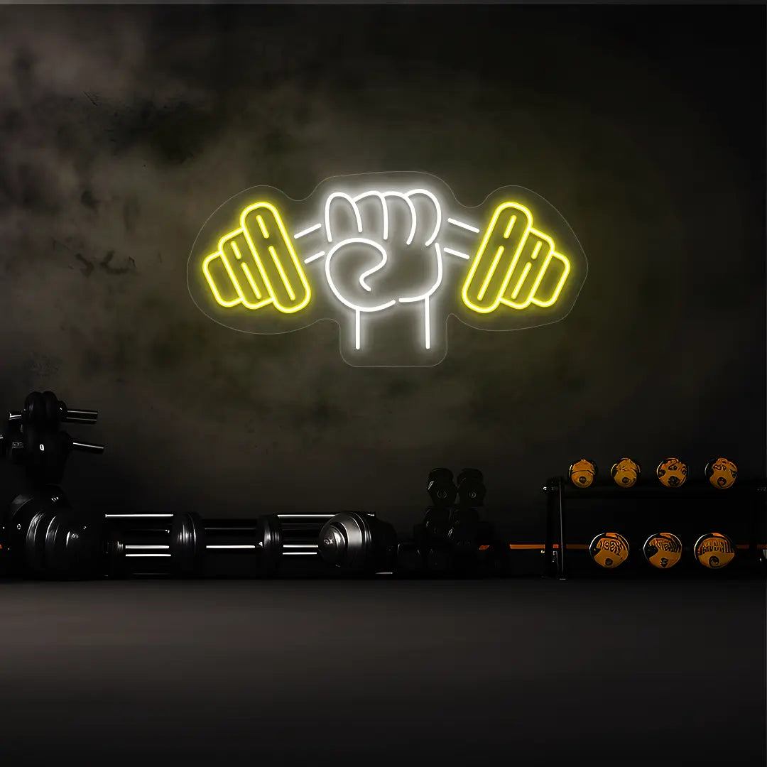 yellow and white powerlift neon sign mounted on a wall