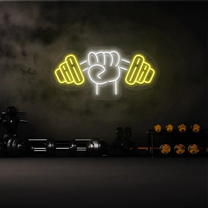 yellow and white powerlift neon sign mounted on a wall