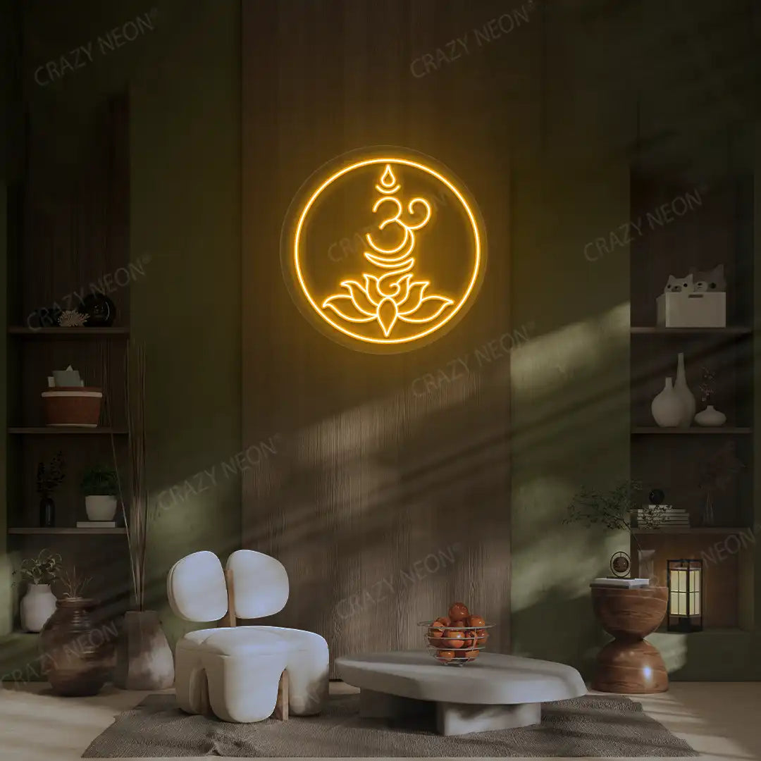 Om Lotus Neon Sign lighting up in orange color in a yoga room