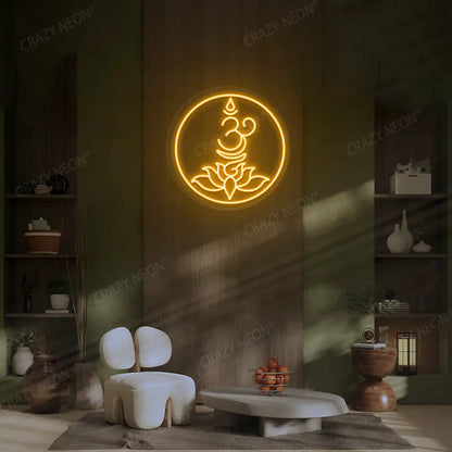 Om Lotus Neon Sign lighting up in orange color in a yoga room