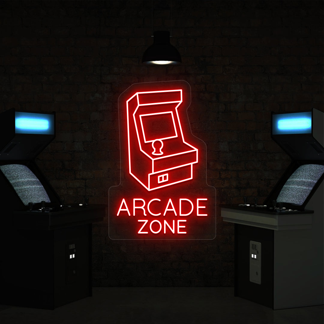 red nostalgic arcade zone vintage neon sign mounted on a wall