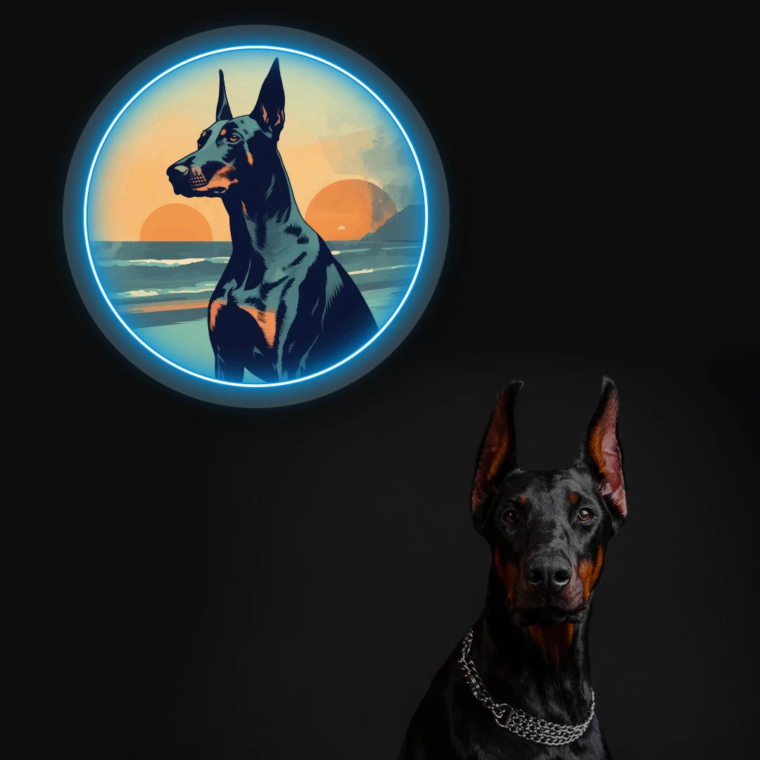 Twin Sunset Beach Doberman Neon Artwork in Iceblue color
