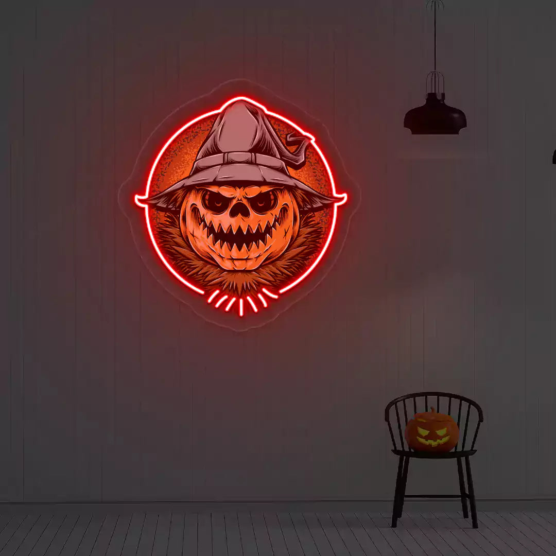 Witch Pumpkin Scarecrow Neon Artwork | Red