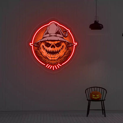 Witch Pumpkin Scarecrow Neon Artwork | Red