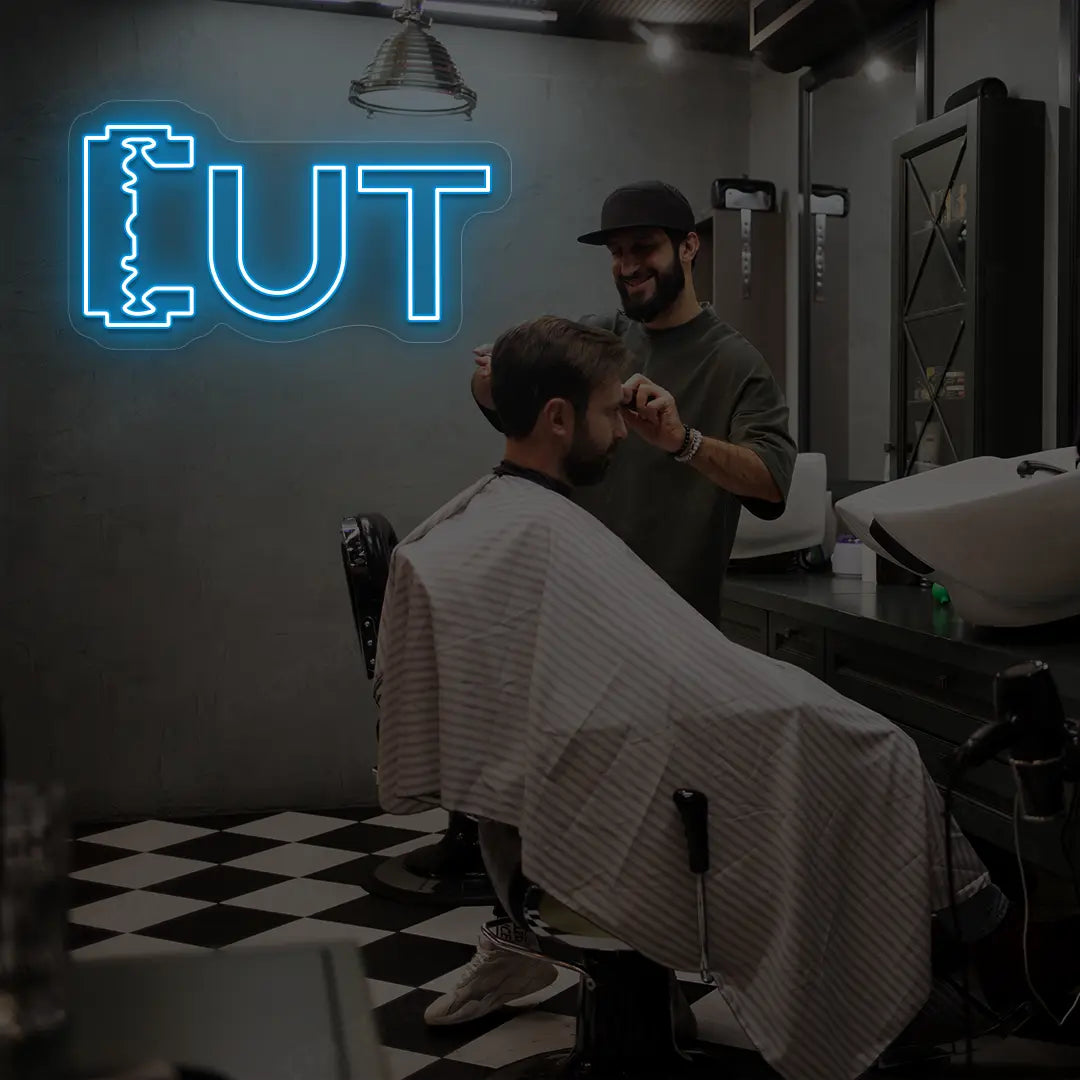 Cut Blade Barber Neon Sign in Iceblue color