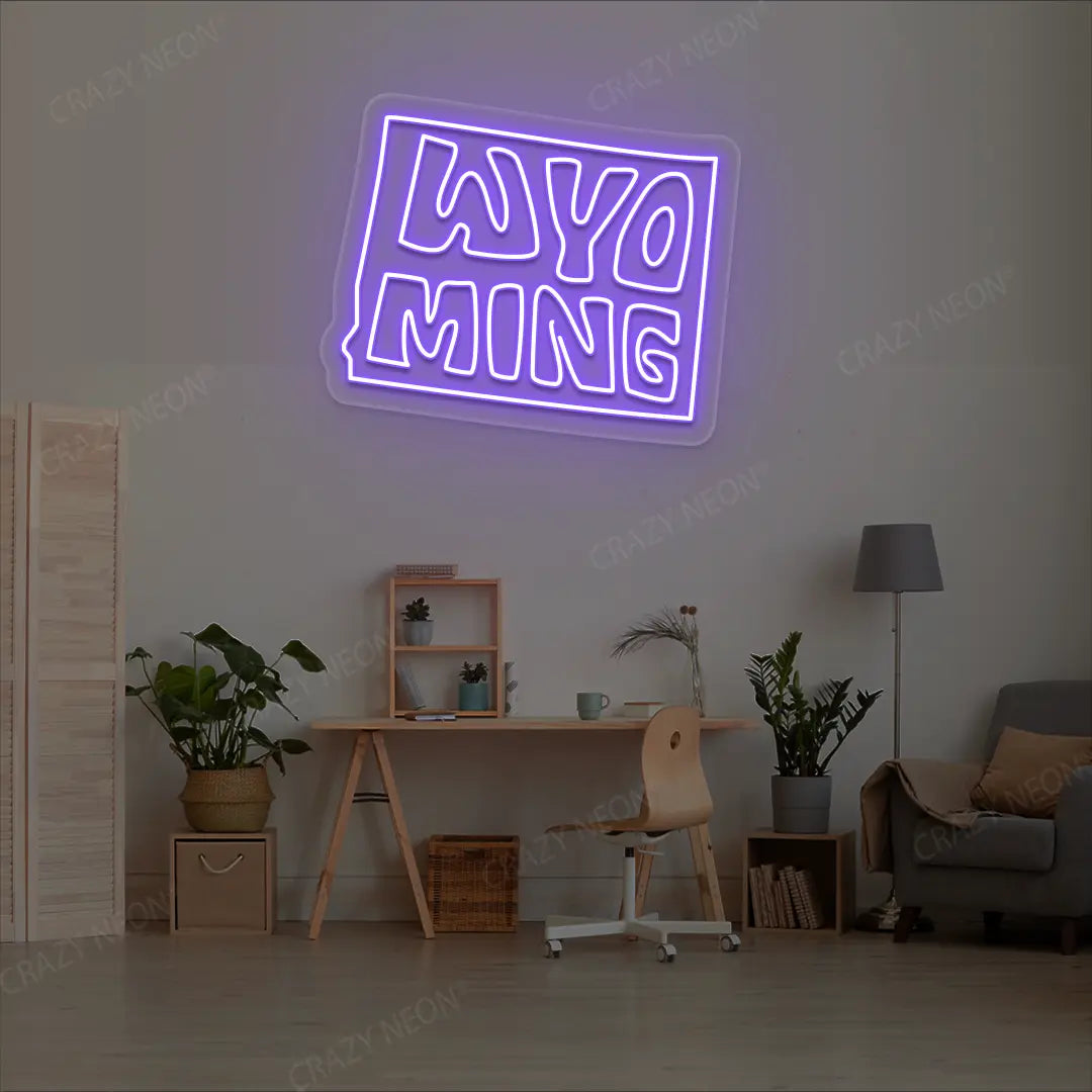 WYOMING Map Neon Sign lighting up in purple color in a room