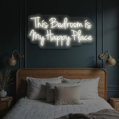 warm white this bedroom is my happy place neon sign mounted on a wall