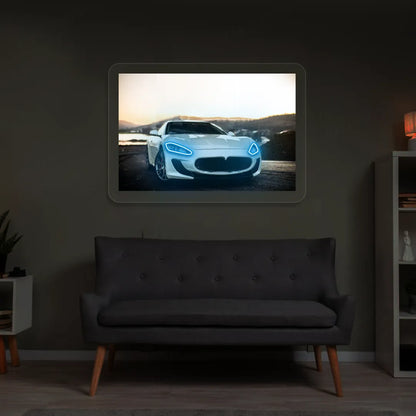 White Supercar Headlight Neon Artwork | Iceblue