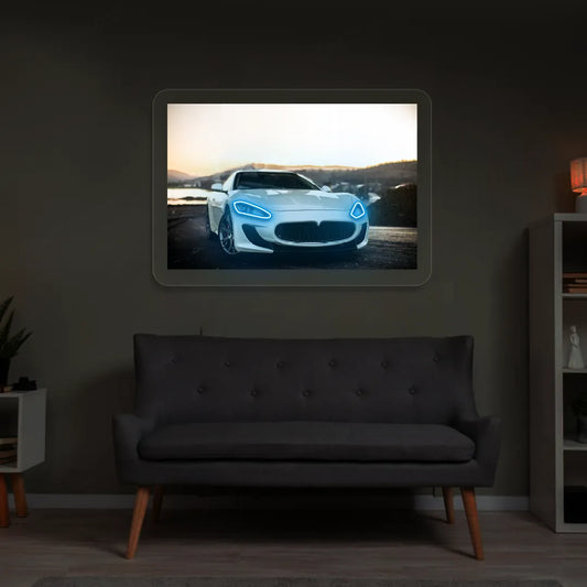 White Supercar Headlight Neon Artwork | Iceblue
