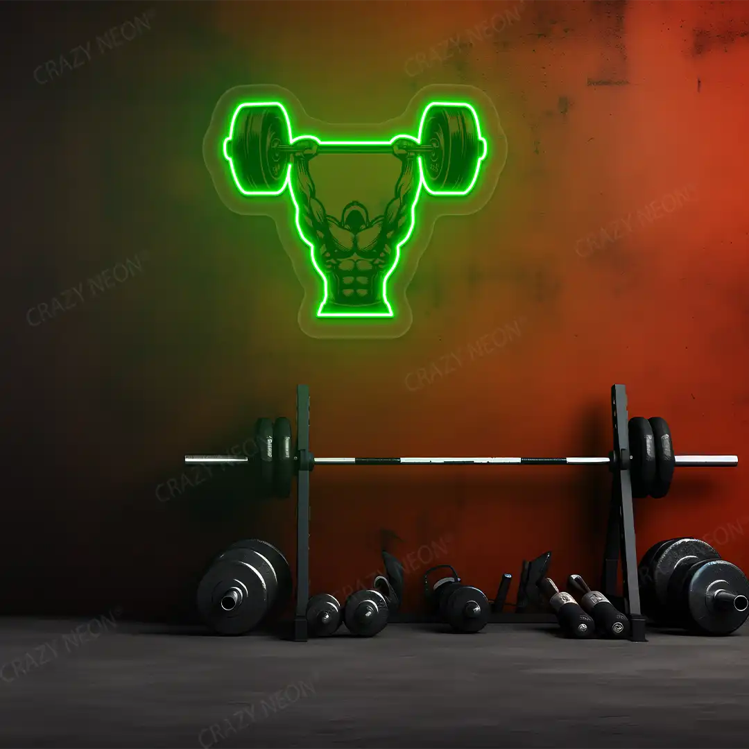 green barbell overhead press gym neon artwork mounted on a wall 