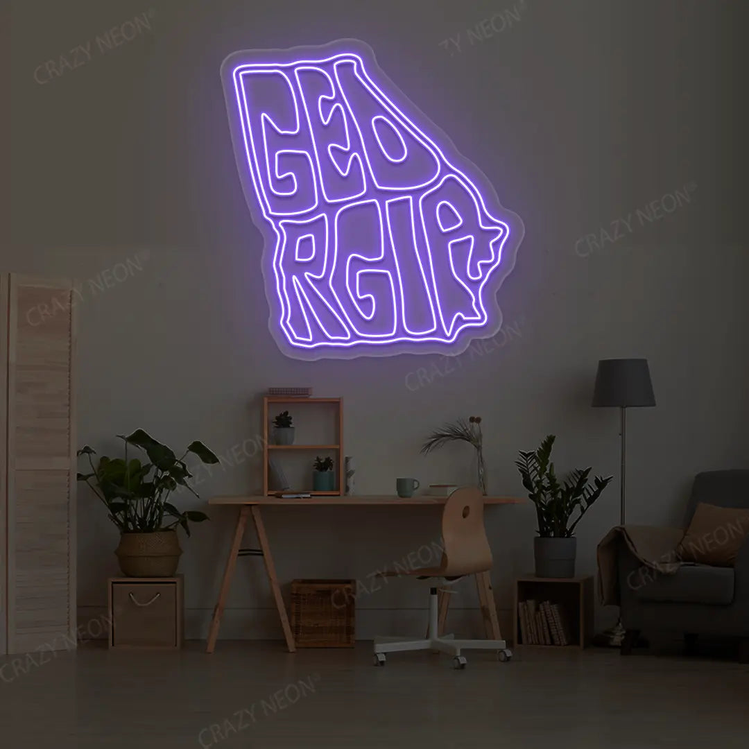 GEORGIA Map Neon Sign lighting up in purple color in a room