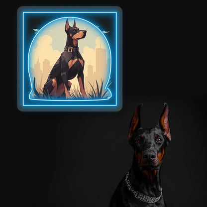 City Sentinel Doberman Neon Artwork in Iceblue color