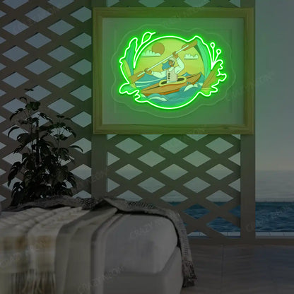 green kayak dreamscape neon artwork mounted on a wall