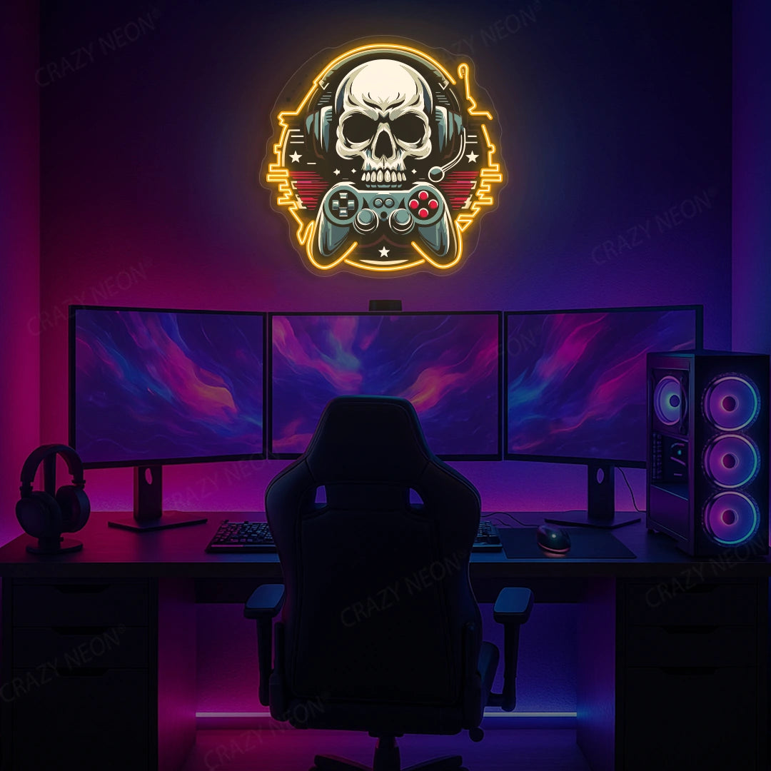 Gamer Skull Headphone Neon Artwork in Orange color