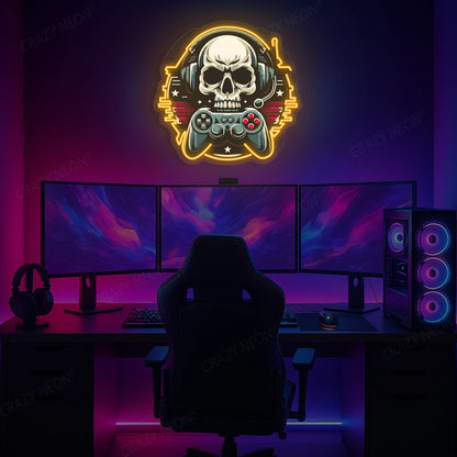 Gamer Skull Headphone Neon Artwork in Orange color